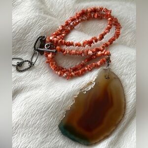 Statement Sundance Agate Pendant Genuine Coral 925 Sterling Silver